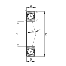 主軸軸承 B7019-C-2RSD-T-P4S, 調節(jié)，成對安裝，接觸角 α = 15°，兩側唇密封，非接觸，加嚴公差